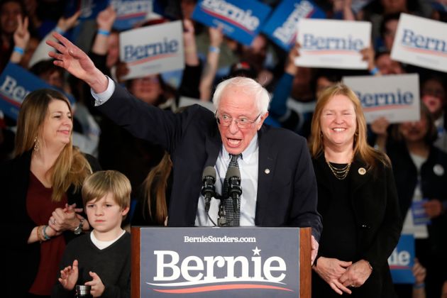 Democratic presidential candidate Sen. Bernie Sanders, I-Vt., speaks to supporters at a caucus night campaign rally in Des Moines, Iowa, Monday, Feb. 3, 2020. (AP Photo/Pablo Martinez Monsivais)