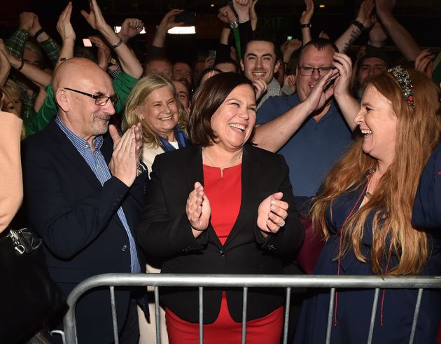 DUBLIN, IRELAND - FEBRUARY 09: Sinn Fein leader Mary Lou McDonald celebrates with her supporters after being elected at the RDS Count centre on February 9, 2020 in Dublin, Ireland. (Photo by Charles McQuillan/Getty Images).
