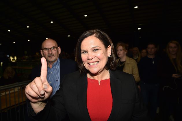 DUBLIN, IRELAND - FEBRUARY 09: Sinn Fein leader Mary Lou McDonald motions a number one with her finger after being elected at the RDS Count centre on February 9, 2020 in Dublin, Ireland. (Photo by Charles McQuillan/Getty Images).