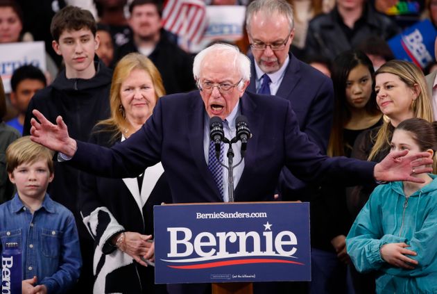 Democratic presidential candidate Sen. Bernie Sanders, I-Vt., speaks to supporters at a primary night election rally in Manchester, N.H., Tuesday, Feb. 11, 2020. (AP Photo/Pablo Martinez Monsivais)