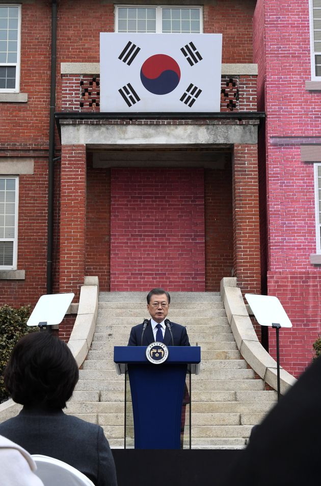 South Korea's President Moon Jae-in speaks during a ceremony marking the 101st anniversary of the March 1st Independence Movement Day in Seoul, South Korea, March 1, 2020.   Kim Min-Hee/Pool via REUTERS