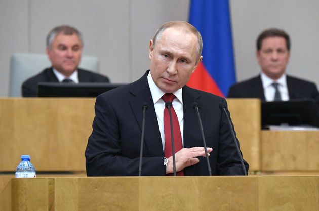 블라디미르 푸틴 러시아 대통령이 러시아 연방하원인 '두마'에서 연설을 하고 있다. 모스크바. 2020년 3월10일.