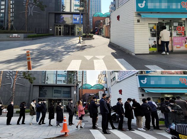 마스크 5부제 도입 초기였던 3월(아래)과 4월 초 서울 종로구의 한 약국 앞 모습을 비교한 모습.