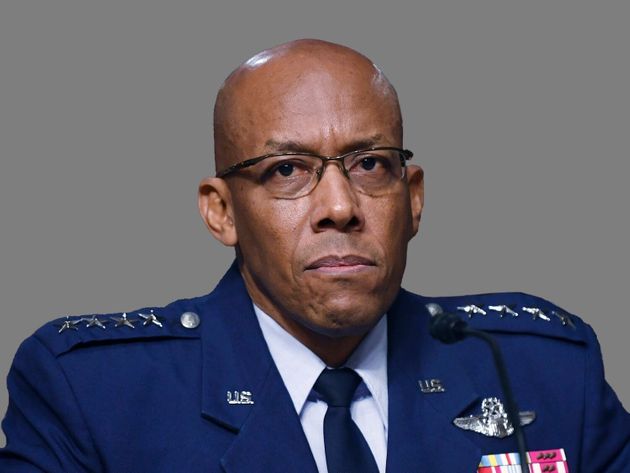 Charles Q. Brown, Jr. headshot,  US Air Force chief of staff, graphic element on gray