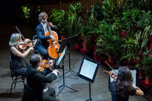 '유클리드 콰르텟(Euclid Quartet)'의 연주자들이 자코모 푸치니의 현악 4중주곡 '국화(1890)'을 연주하고 있다. 바르셀로나, 스페인. 2020년 6월22일.