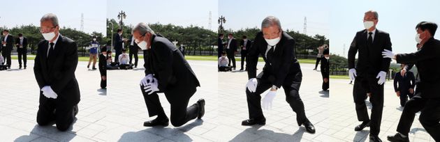 김종인 미래통합당 비상대책위원장이 19일 오전 광주 북구 국립 5·18 민주묘지에서 무릎을 꿇고 참배한 뒤 일어나면서 부축을 받고 있다.