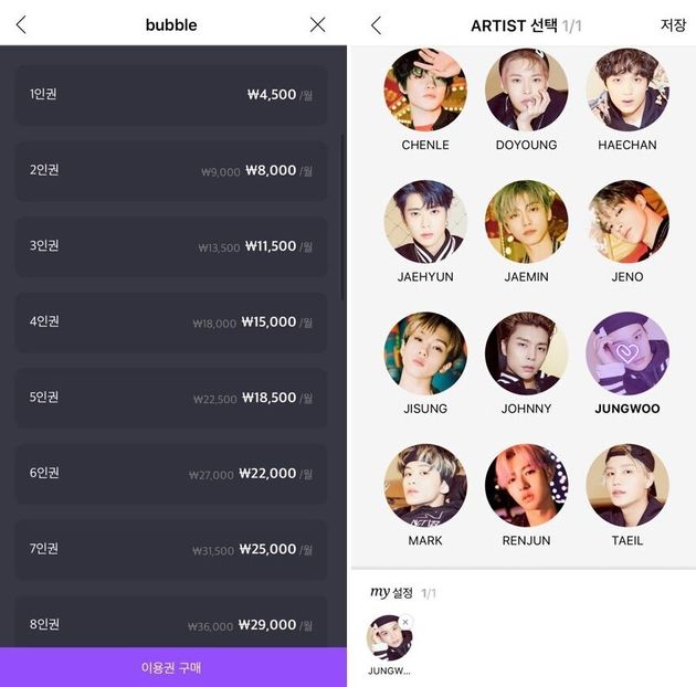 자신이 구독할 아티스트를 직접 선택할 수 있다. 1인권 4500원, 2인권 8000원, 3인권 11500원으로 많이 구독할 수록 할인이 된다.