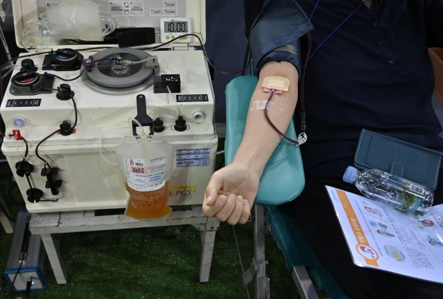 코로나19에서 완치된 신천지 교인들이 코로나19 치로제 개발을 위해 단체 혈장 공여에 참여하고 있다. 대구. 2020년 8월28일.  