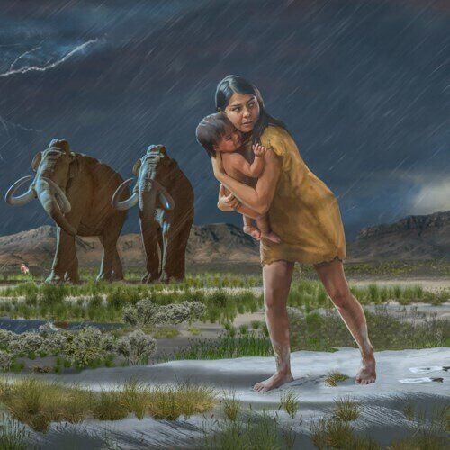 아이를 안고 길을 떠나는 1만2천년 전 빙하기 말기의 엄마. 발자국 화석으로 추정한 모습이다.