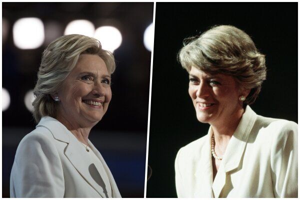2016년 민주당 대통령 후보 지명을 받은 힐러리 클린턴(왼쪽)과 1984년 여성 최초로 미국 주요 정당의 부통령 후보로 지명돼 연설하는 제럴딘 페라로 후보.