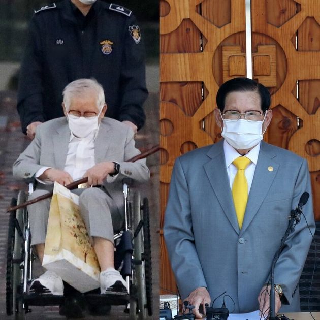 지난 12일 구치소 나온 이만희 (왼쪽),  8개월 전 대국민 기자회견 당시 이만희.  