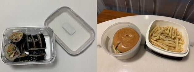 다회용기에 담아온 김밥(왼쪽), 다회용기에 포장해온 햄버거와 감자튀김 / 한겨레 