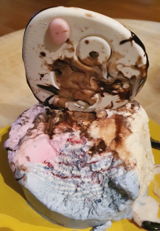 배스킨라빈스에서 출시한 '아이스 펭수'가 해체되고 녹아 내린 모습