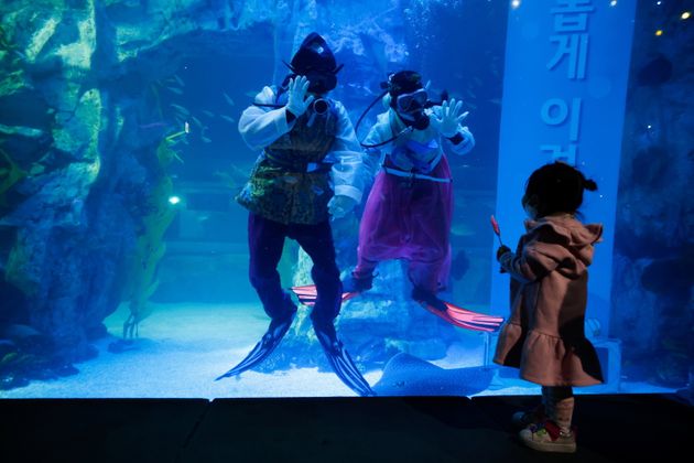 롯데월드 아쿠아리움 '디 오션(The Ocean)'에서 한복을 입은 잠수부들이 한 어린이 관람객에게 인사를 하고 있다. 서울, 한국 2021년 1월3일.