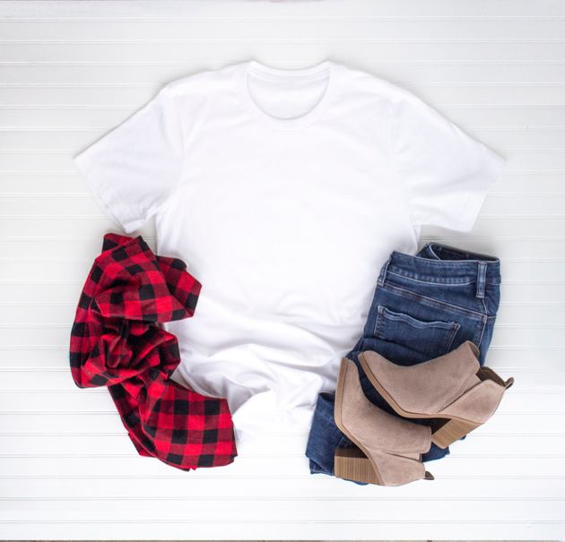 Christmas shirt mockup - white tshirt w buffalo plaid scarf, boots and jeans