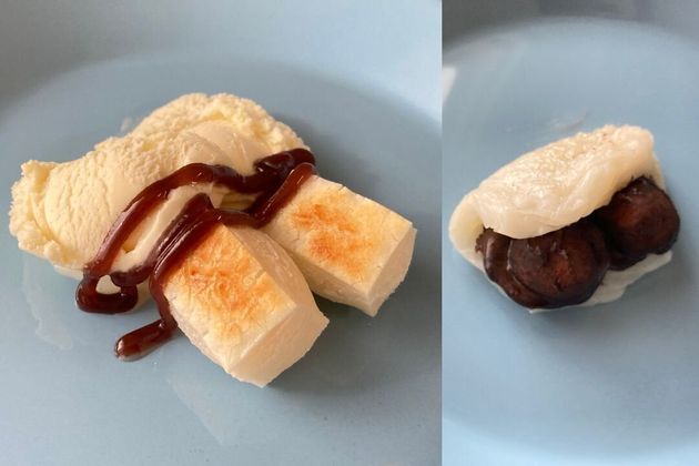 바닐라 아이스크림과 떡(왼쪽) / 떡 사이에 넣은 초콜릿(오른쪽)