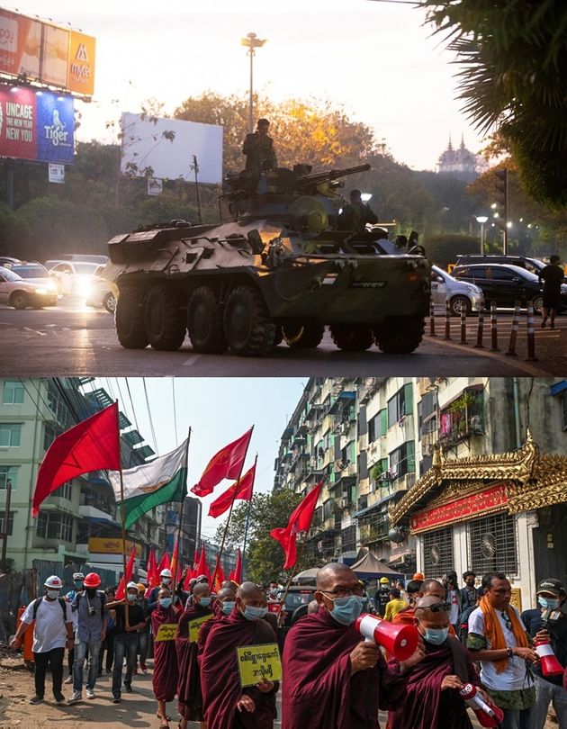 2021년 2월 14일 미얀마 양곤에서 군사 쿠데타에 반대하는 시위 도중 목격된 장갑차, 스님들의 시위 모습