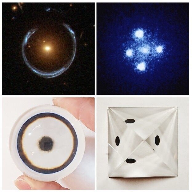 그림 4. 중력렌즈를 포착한 천문 사진과, 이를 유리공과 유리피라미드로 흉내 낸 사진. 왼쪽 위: 중간에 있는 은하계가 중력렌즈로 작용해 뒤에 있는 은하계가 고리처럼 보인다. ‘아인슈타인 고리’라고 부른다(출처: ESA, NASA). 왼쪽 아래: 유리공을 점 위에 조금 떨어뜨려 놓고 본 사진, 한 점이 또 다른 고리 모양의 이미지를 만든다. 오른쪽 위: 하나의 퀘이사(quasar)가 중력렌즈의 영향으로 4개의 퀘이사로 보인다. 십자가 모양이어서 ‘아인슈타인 십자가’라고 부른다. 오른쪽 아래: 유리 피라미드를 점 하나 위에 놓고 보면 피라미드에 있는 4개의 면 각각에 점 하나씩 모두 4개의 점이 보인다.