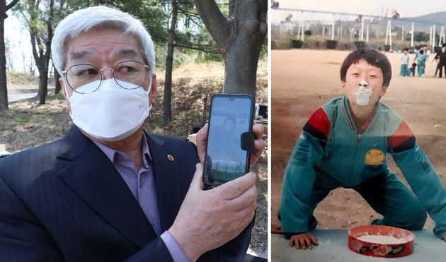 26일 오전 개구리소년 실종사건 30주년을 맞아 대구 달서구 와룡산 선원공원에서 열린 '개구리소년 추모 및 어린이 안전 기원비' 제막식에서 우철원(당시 13세)군의 아버지 우종우씨가 30년을 간직한 아들의 사진을 보여주고 있다. 실종 전 가을운동회에서 밀가루 속 사탕찾기 게임을 마친 아들 철원이가 얼굴에 밀가루를 묻힌 채 해맑게 웃고 있다.