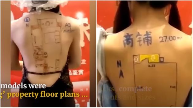 중국 부동산 개발업체 ‘시안 펑자루이치‘가 여성 2명의 등에 아파트 평면도를 그려 ‘전시’했다가 여성을 대놓고 상품화했다는 비난에 '개발 중지'라는 철퇴를 맞았다 -사우스차이나모닝포스트 캡쳐
