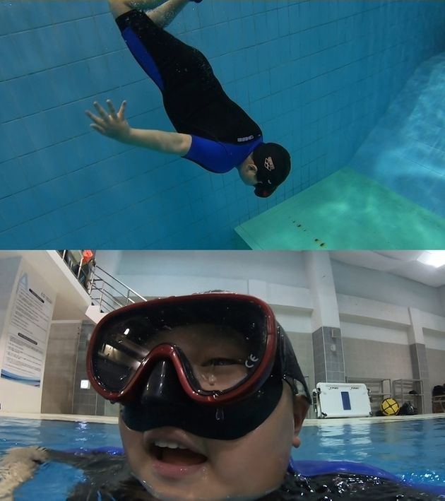 오윤아 아들 민이가 산소통 없이 물 속에 들어가는 '프리다이빙'을 시작했다.
