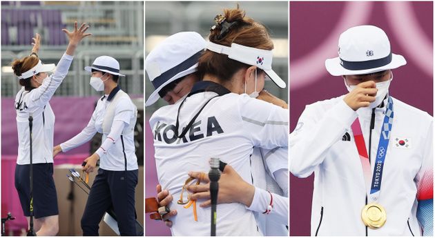 승리의 기쁨을 만끽하는 류수정 감독과 안산 선수. 안산 선수는 이번 도쿄올림픽에서 양궁 금메달 3관왕을 달성했다.