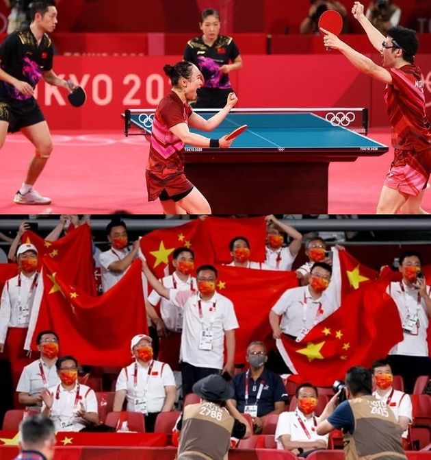 지난 7월 27일 탁구 혼합복식 결승전에서 중국 선수단 관계자 40여 명이 경기 중 중국 국기를 펼치고 힘내라는 뜻인 ”짜요(加油)”를 큰소리로 외치며 응원전을 펼쳤다. 무관중 올림픽을 무색하게 만드는 풍경이다. 