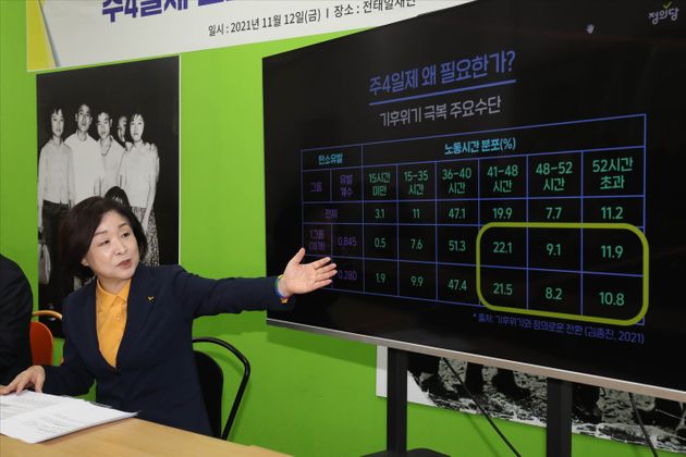 심상정 정의당 대선 후보가 12일 오전 서울 종로구 전태일재단에서 '주 4일제 로드맵과 신노동법 비전'을 발표하고 있다.