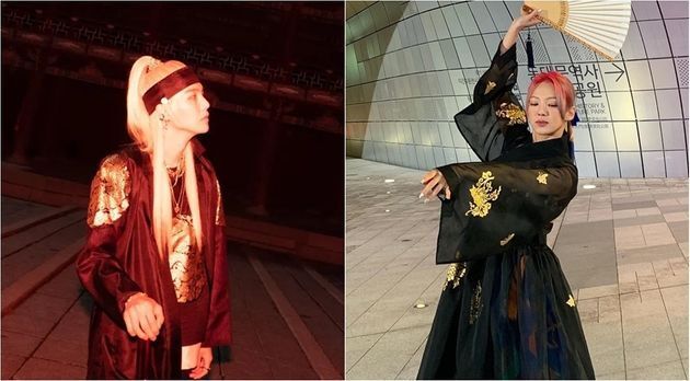 SNS 계정에 각각 한복 입은 사진을 올린 슈가(방탄소년단)와 효연(소녀시대).