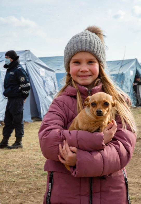 반려 강아지를 안고 우크라이나를 떠나 몰도바의 임시 난민처에 도착한 소녀