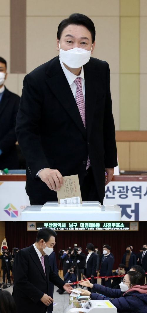 2022년 3월 4일 오전 9시 부산에서 '제 20대 대통령 선거' 사전 투표 마친 윤석열 후보.