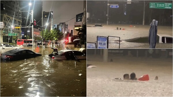 &nbsp;서울 서초구 진흥아파트 인근 도로가 침수돼 물에 잠긴 차량들과 한 남성이 물에 고립된 운전자를 구하는 모습. @뉴스1, JTBC