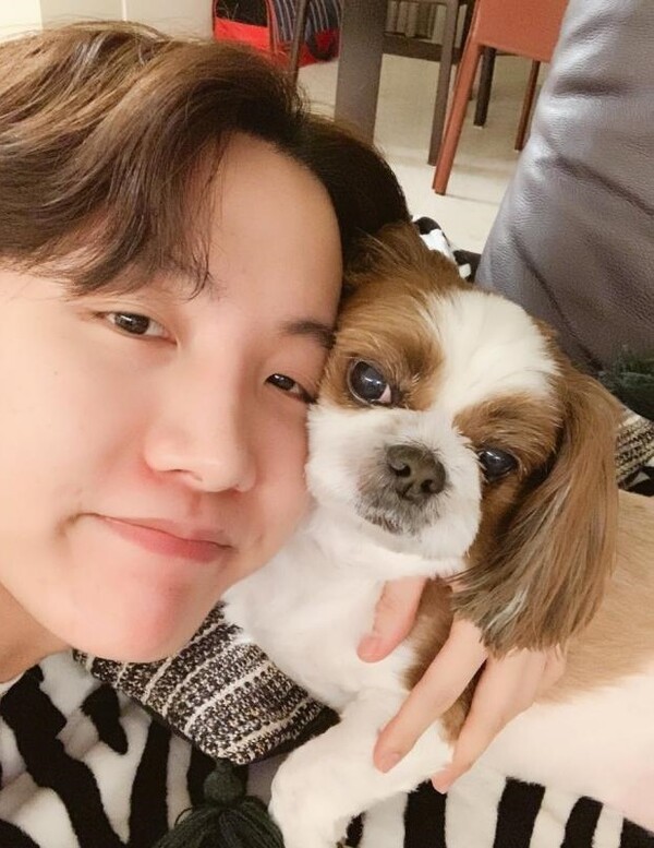 BTS 멤버 제이홉이 반려견인 미키와 함께 찍은 사진. 출처: 방탄소년단 공식 트위터