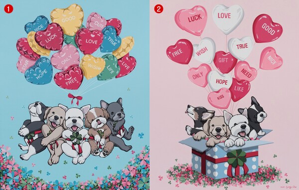 ① LUCKY DOG acrylic on canvas 116.8x91 cm 2021. ② 행운의 선물 acrylic on canvas 116.8x91 cm 2021. / 출처=작가 조원경