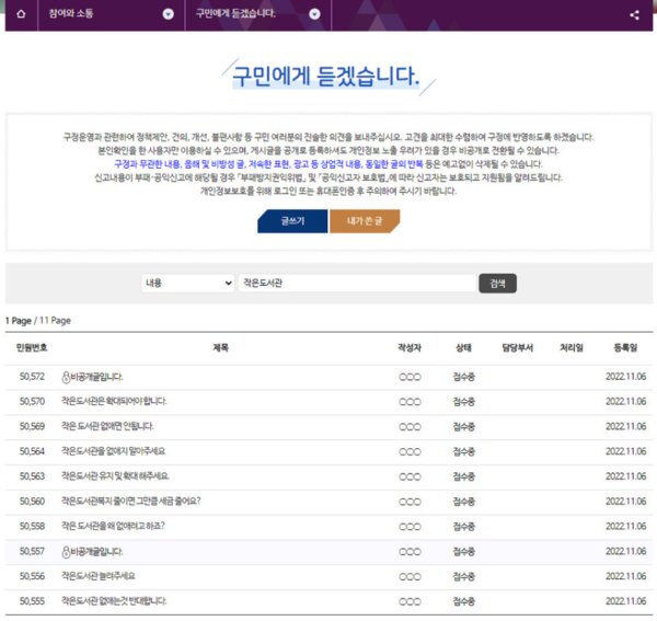 서울 마포구청 홈페이지에 작은도서관 폐관 방침을 비판하는 항의 글이 이어지고 있으나 7일 오전 현재 마포구는 10월 19일 등록된 민원부터 '처리중' '접수중'으로 안내하고 있다.&nbsp;ⓒ마포구청 홈페이지&nbsp;