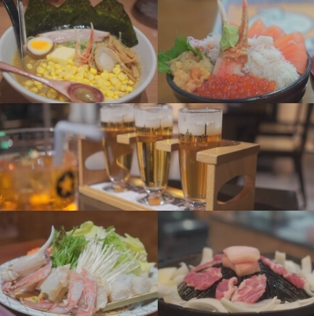 삿포로는 미식여행지이기도 하다. 콘버터미소라멘, 카이센동, 삿포로맥주, 털게, 양고기(위에서부터 아래)까지 먹는 여행으로도 행복해진다.&nbsp;ⓒ한겨레 김미영 기자 제공