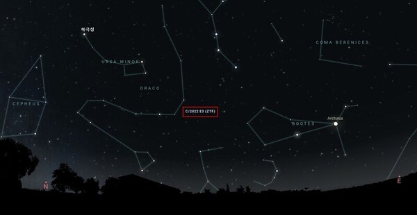 A localização do cometa C/2022 E3 (ZTF) no céu noturno sobre Seul às 13h do dia 22. ⓒ Stellarium