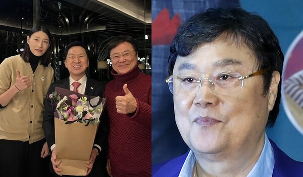 배구선수 김연경, 김기현 국민의힘 의원, 가수 남진이 함께 찍은 사진(좌), 가수 남진(우) ⓒ김기현 페이스북/뉴스1