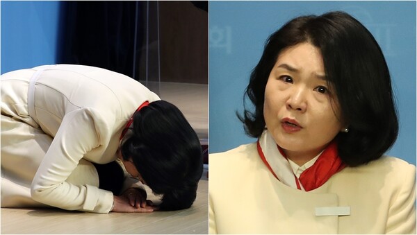 류여해 전 자유한국당(국민의힘 전신) 최고위원이 1일 국회 소통관에서 3·8 전당대회 최고위원 출마 선언 기자회견을 마친 뒤 무릎 꿇고 지지를 호소하고 있다.&nbsp;ⓒ뉴스1