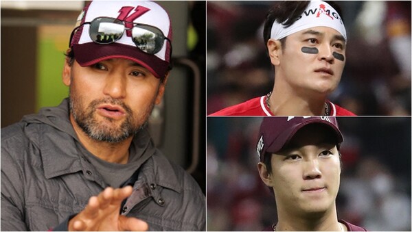 14일(한국시간) 미국 애리조나주 스코츠데일 솔트리버필드에서 인터뷰를 하고 있는 박찬호 KBS 해설위원(왼), 추신수(41.SSG)와 안우진(24·키움 히어로즈)(오).&nbsp;ⓒ키움히어로즈, 뉴스1