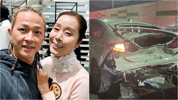 팝핀현준-박애리 부부(왼), 3중 추돌 사고로 인해 형태를 알아볼 수 없을 만큼 파손된 박애리의 차량(오). ⓒ팝핀현준 인스타그램 
