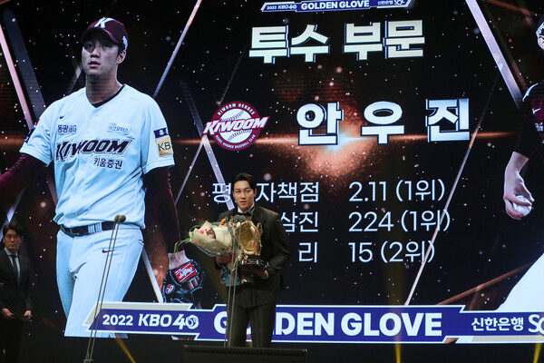 안우진(키움)이 9일 오후 서울 강남구 코엑스에서 열린 2022 신한은행 SOL KBO 골든글러브 시상식에서 투수부문 수상소감을 밝히고 있다. 2022.12.9 ⓒ뉴스1