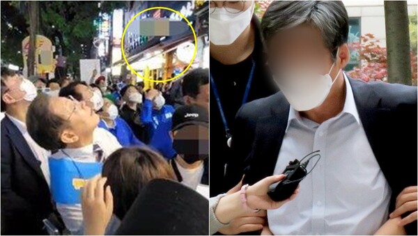 거리 유세를 하던 이재명 당시 더불어민주당 후보(현 민주당 대표)가 철제그릇이 떨어지는 걸 보고 있는 모습(왼),&nbsp;철제그릇을 던진 60대 남성이 구속 전 피의자 심문을 받기 위해 인천지방법원에 들어서는 모습(오).&nbsp;ⓒ유튜브 채널 이재명, 뉴스1