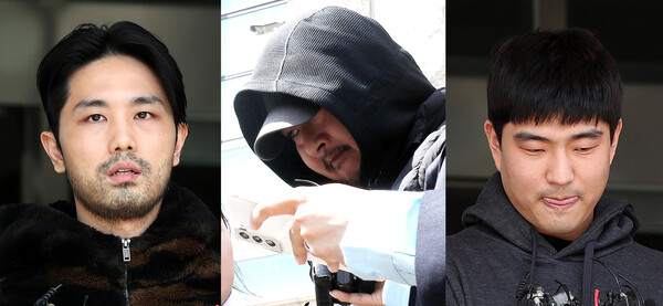 '강남 납치·살해 사건'의 피의자 이경우(왼쪽부터), 황대한, 연지호가 9일 서울 강남구 수서경찰서에서 검찰로 송치되고 있다. 이들은 지난달 29일 오후 11시46분쯤 서울 강남구 역삼동의 한 아파트 앞에서 40대 여성을 납치해 살해한 혐의를 받는다. (2023.4.9) ⓒ뉴스1