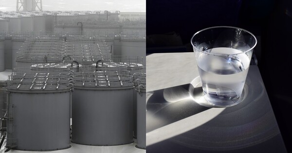 후쿠시마 제1원전 방사능 오염수 저장 탱크의 모습(좌), 물컵 자료사진(우) ⓒ게티 이미지/픽사베이