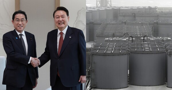 윤석열 대통령과 일본 기시다 후미오 총리의 모습(좌), 원전 오염수가 저장된 탱크의 모습(우) ⓒ뉴스1/GettyimagesKorea