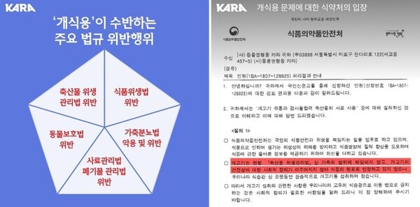 카라 등 동물단체는 개식용 산업이 여러 현행 법률과 규정을 위반하고 있다고 주장한다. 개는 축산법상 가축으로 기르는 것은 합법이지만, 축산물위생관리법과 식품위생법으로는 축산물에 해당하지 않아 유통, 가공, 판매, 조리에 대한 규정이 없다. ⓒ카라 제공