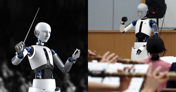 국내 처음 선보인 안드로이드 로봇 지휘자 ‘에버6’은 팔과 손 동작이 제법 유연했다(좌), 6월 26일 오후 서울 중구 장충동 국립극장 해오름극장 관현악단 연습실에서 국내 최초 지휘하는 로봇 '에버 6'(우).&nbsp;©국립극장 제공/뉴스1&nbsp;