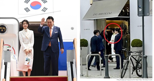 리투아니아·폴란드 순방에 나서는 윤석열 대통령과 김건희 여사가 10일 오후 경기 성남시 서울공항을 통해 출국하고 있다.2023.7.10(좌), 리투아니아 매체 Žmonės.lt가 김건희 여사가 수도 빌뉴스의 현지 명품숍을 방문한 사실을 보도했다(우). ⓒ뉴스1/Žmonės.lt