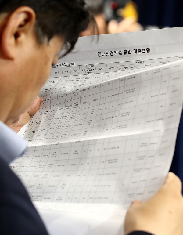 (기사 이해를 돕기 위한 자료사진)31일 서울 종로구 정부서울청사에서 열린 국토부 LH 무량판 구조 조사결과 발표 브리핑에서 국토부 관계자가 긴급안전점검 결과 미흡현황 자료를 살펴보고 있다. 2023.07.31. ⓒ뉴스1